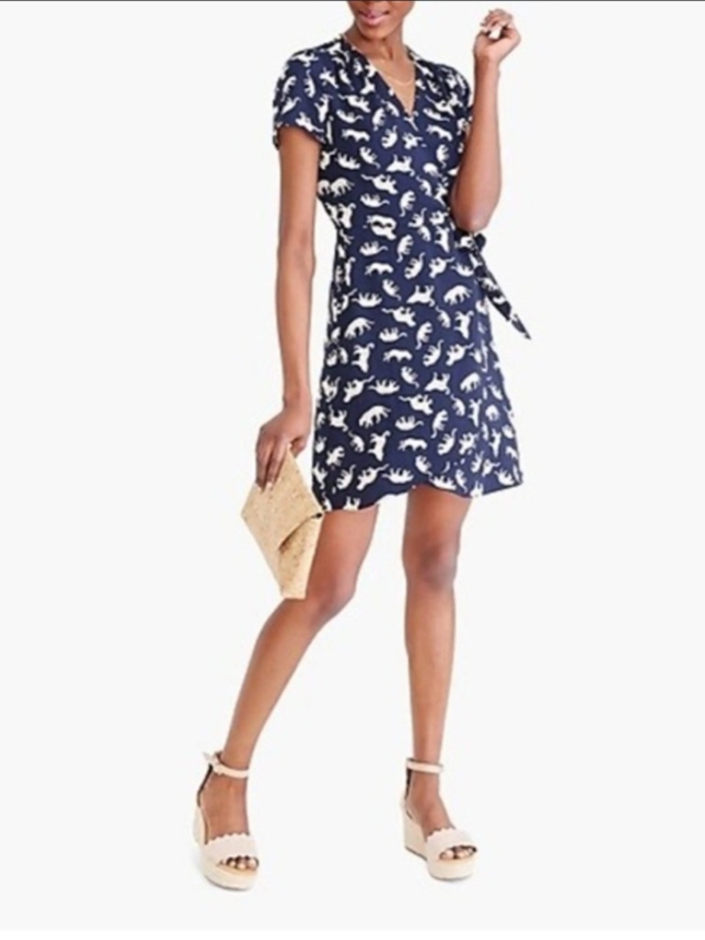 J. CREW Navy Wrap Dress with Cream Cheetah Print